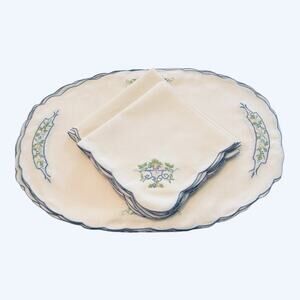 VTG JABARA 8 Placemats 8 Napkins Embroidery Linen NEW IVORY BLUE FLORALS 1970’s